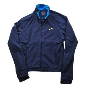 Brooks Running Jacket Womens Small Navy Blue‎ Full Zip Thumbholes F21 221499
